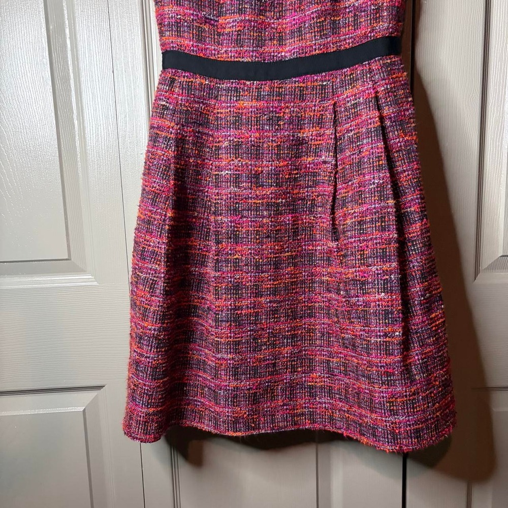 Trina Turk Pink Tweed Sleeveless Dress 4 High Neck A-Line Black Belted Accent - Picture 2 of 6